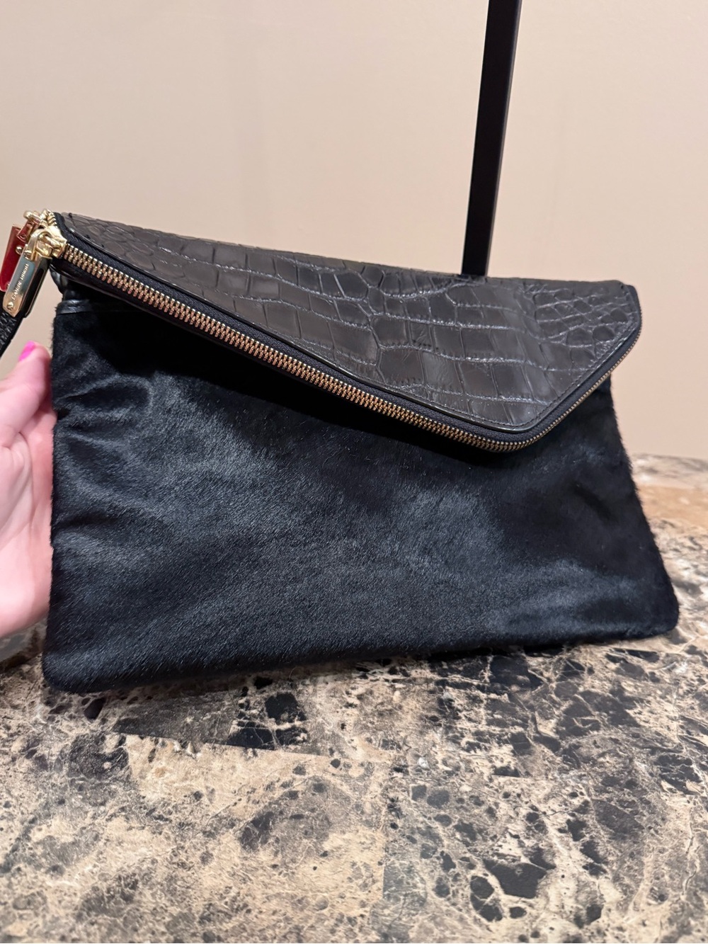 Henri Bendel Black Calf Hair & Croc Embossed Convertible Crossbody Clutch Bag - Picture 5 of 15